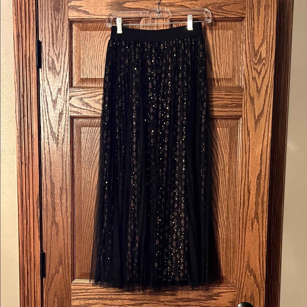 Molly Bracken Black and Gold Tulle Overlay Maxi Skirt